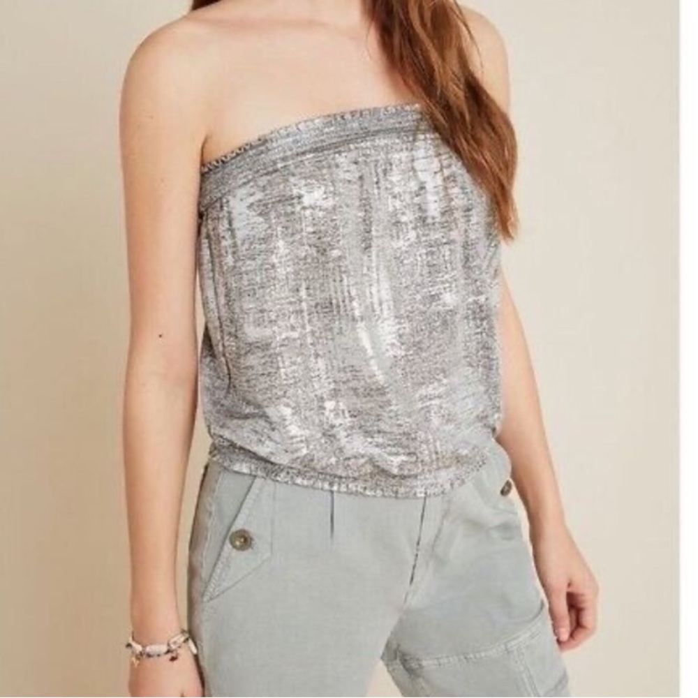 Anthropologie MAIAH SHIMMER TUBE TOP Silver Party Blouse XS - Picture 8 of 9